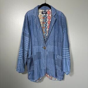 Johnny Was Sashiko Embroidered Patchwork Blazer - Medium - Women's Blue Chambray